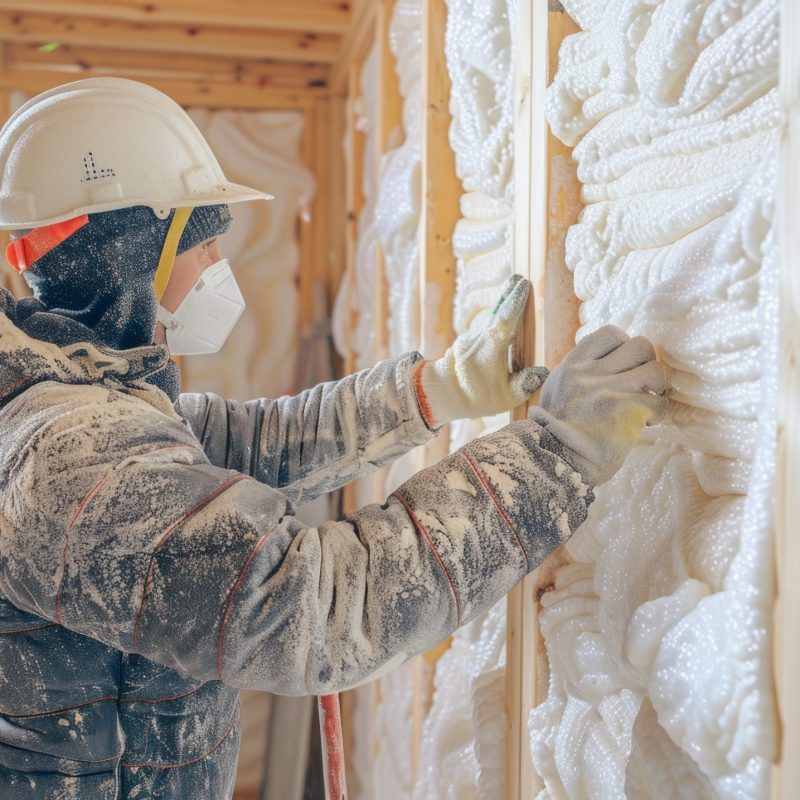 Insulation of walls with foam, energy and heat saving of walls, worker treats walls with foam generative ai